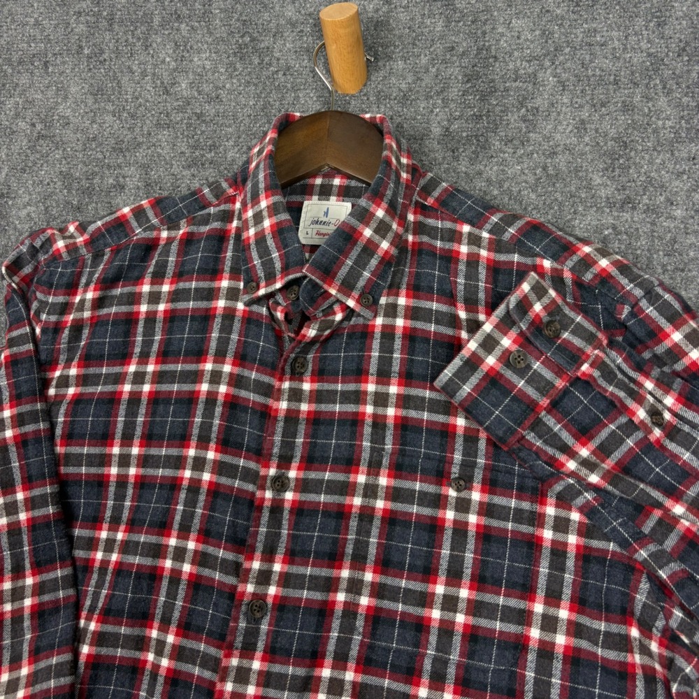 Johnnie-O Hangin Out Flannel Shirt Mens Large Red Navy Plaid Cotton Button Down